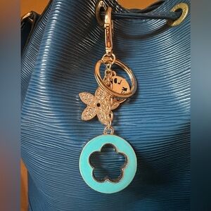 Blue Lacquer Keychain with Bag Charms in Gold Tone with Clear Rhinestones